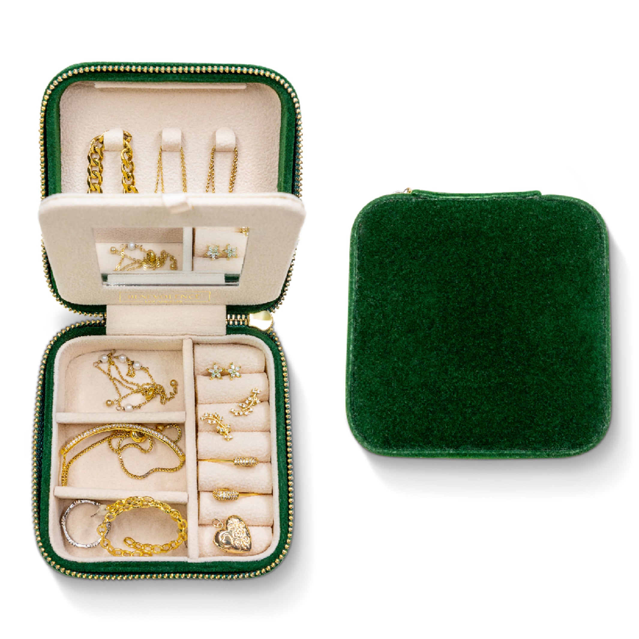Benevolence La Plush Velvet Square Travel Jewelry Box with Mirror- Emerald