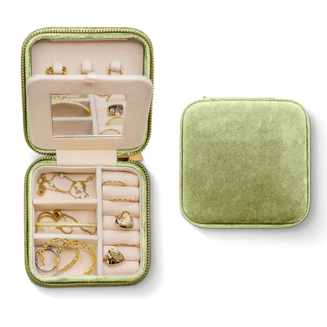 Jewellery box light green and gold pattern velvet lined