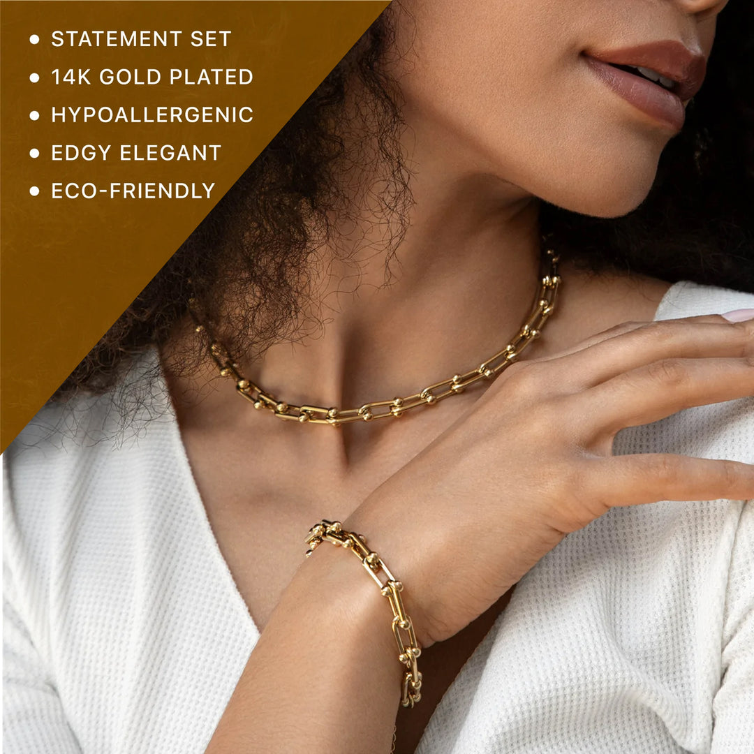 Benevolence La Paperclip Chain Necklace for Women with Paperclip Bracelet Set - 14K Gold