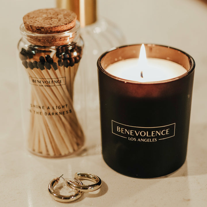 Housewarming Gift Box - Rose & Sandalwood Scented Candle And Midnight Black Decorative Matches
